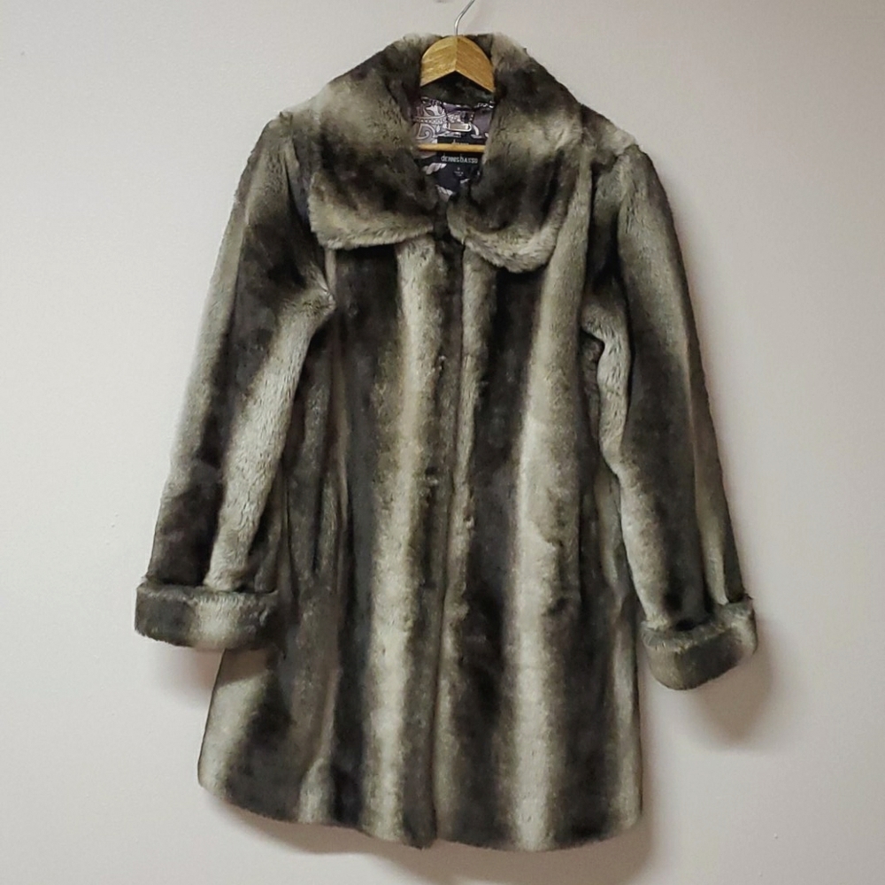 Dennis Basso Gray Faux Fur Pea Coat